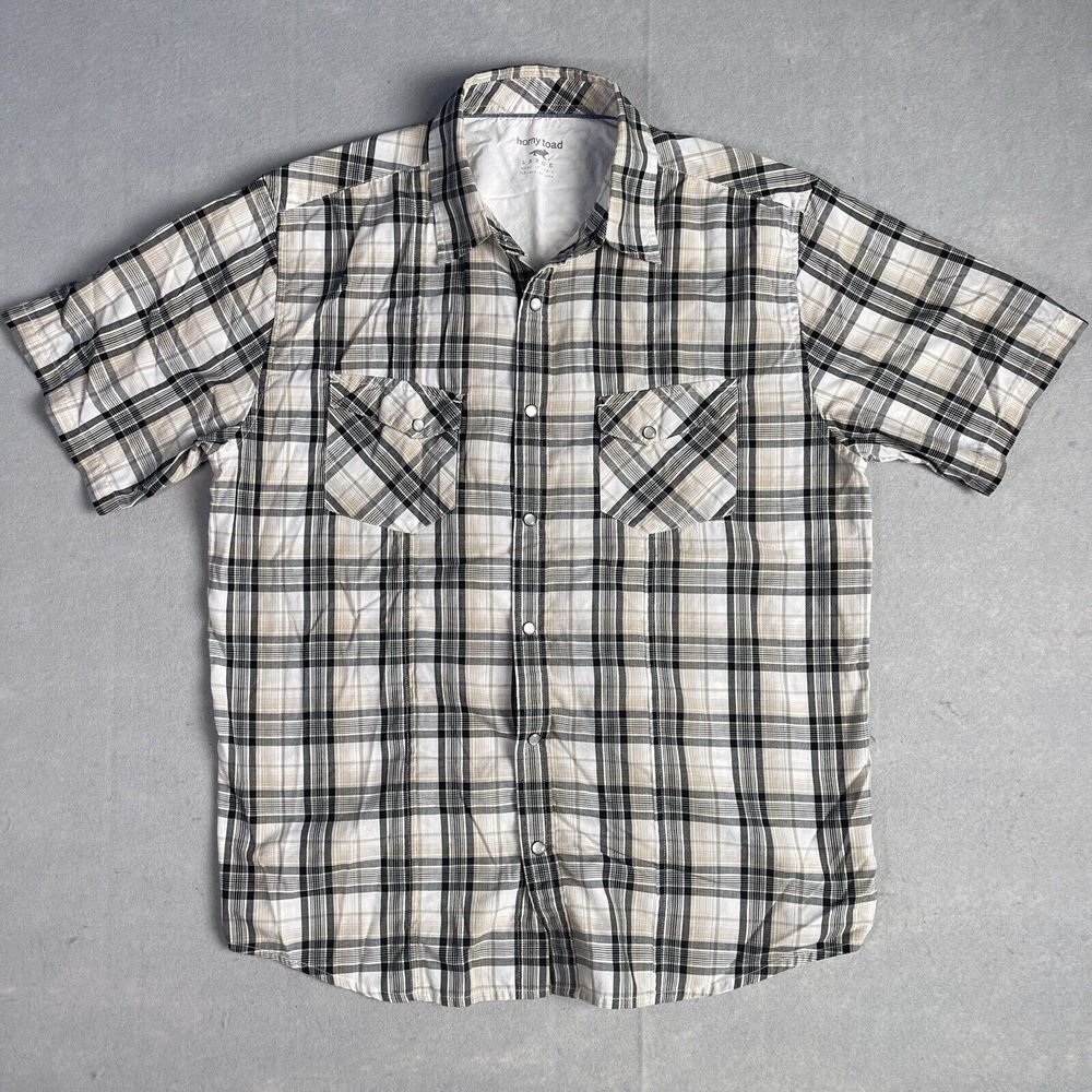 Horny Toad Button Down‎ Shirt Men Large Beige Plaid Western Pearl Snap Outdoor